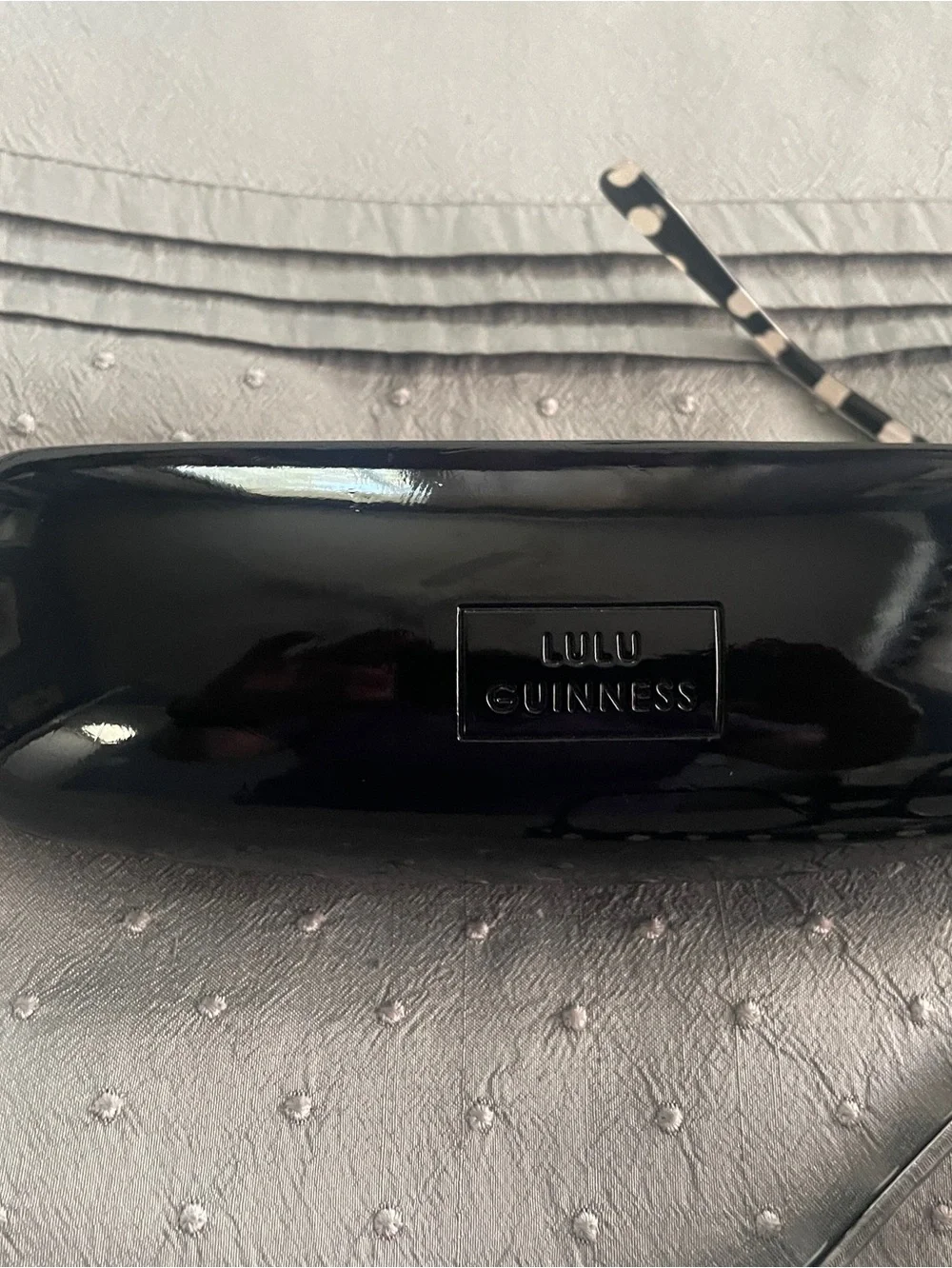 Lulu Guinness Glossy Black Hard Clamshell Sunglasses Case with Lavender Lining